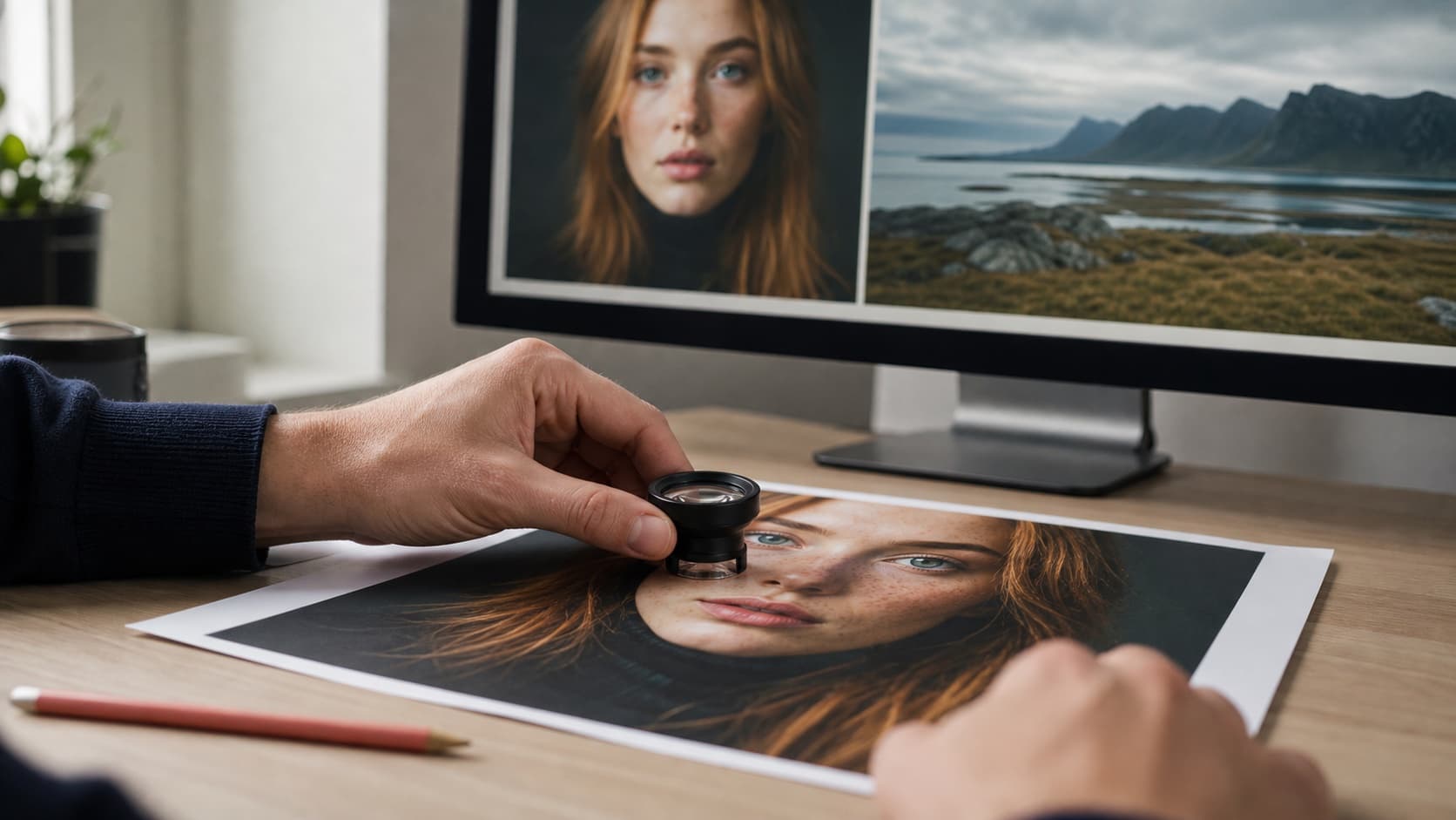 Fotodetaljer kontrolleres med lup på print og skærm efter komprimering