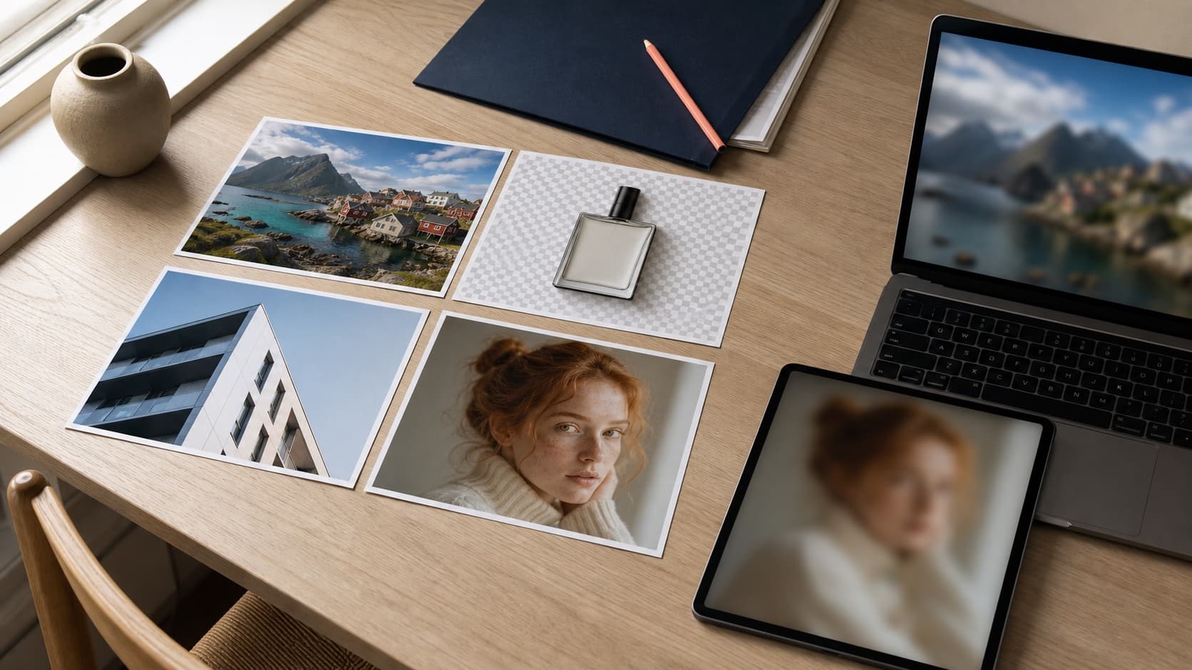 Forskellige typer fotografier og grafik sammenlignes på print, tablet og computer